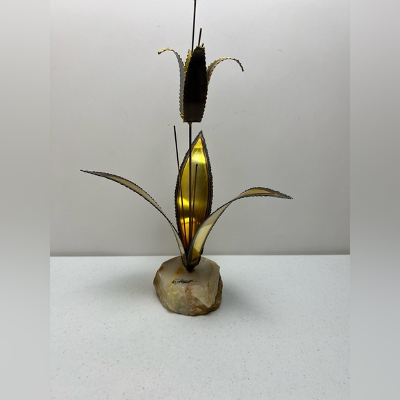 MCM Brutalist Floral Sculpture Brass Copper Signed John DeMott Onyx Base - Picture 2 of 15